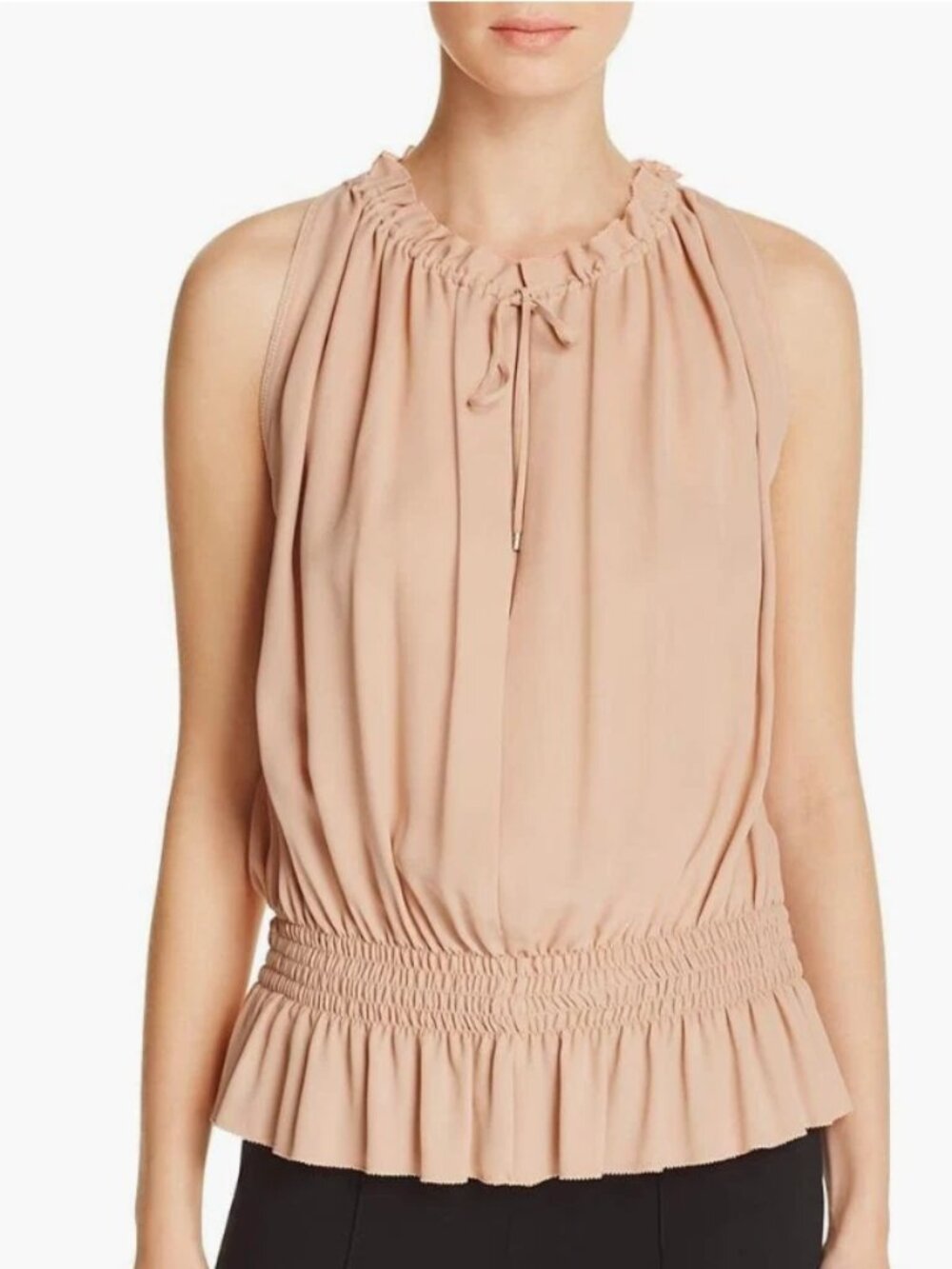 THEORY Dezzie Nude Double Faced 100% Silk Georgette Ruffle Blouson Top, Size S